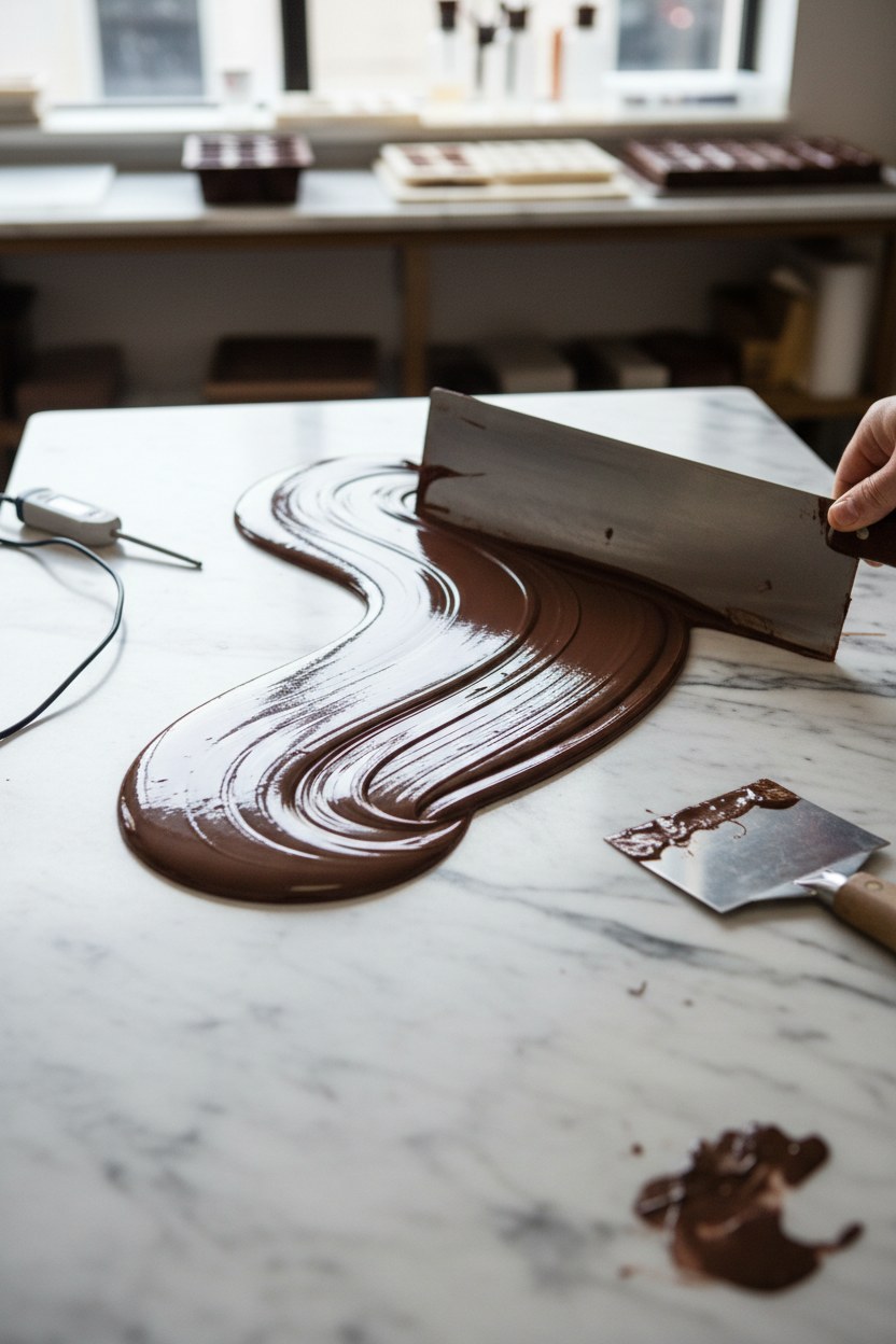 Mesa de mármol del taller con cacao templado en Providencia